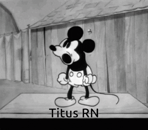 a cartoon of mickey mouse with the name titus rn below it