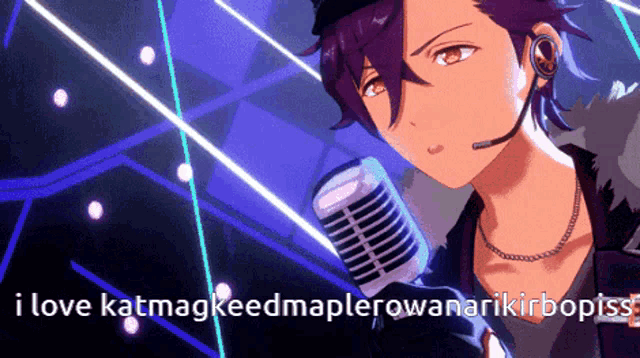 a man singing into a microphone with the words i love katmagkeedmaplerowanarikirbopiss