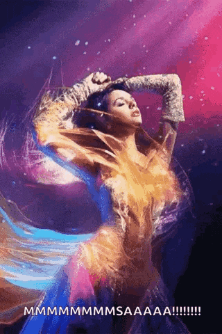 a woman in a long dress is dancing with her hands in the air