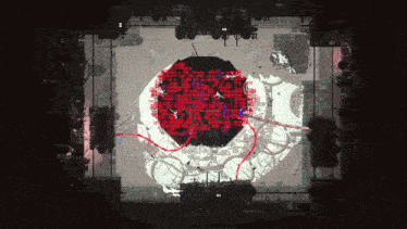 a computer screen shows a skull with a red circle in the center