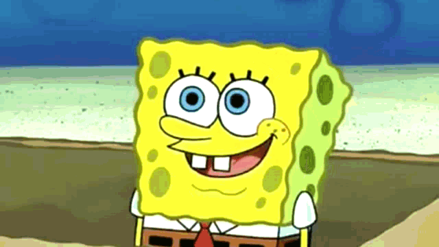 a cartoon character named spongebob is smiling and standing on a beach