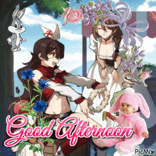 a good afternoon greeting card with two anime girls and a baby in a pink bunny outfit