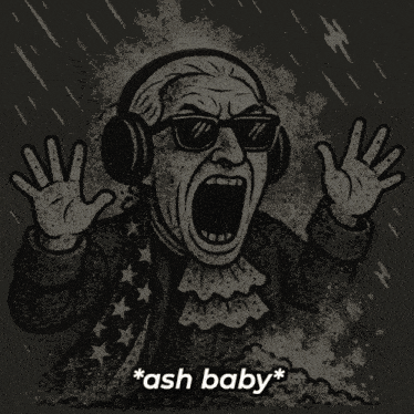 a drawing of a man wearing headphones and sunglasses with the words * ash baby * written below him