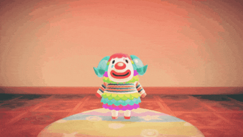 a clown in a colorful outfit is standing on a rainbow rug