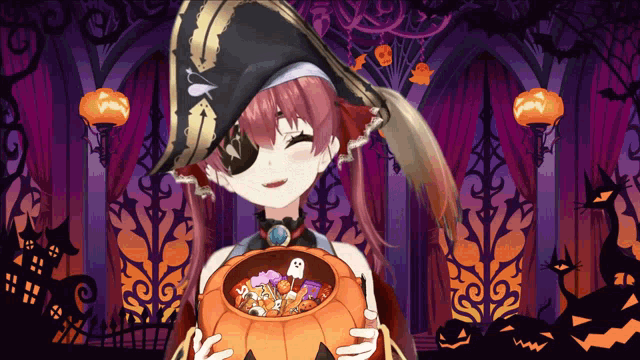 a girl in a pirate hat is holding a pumpkin full of halloween candy