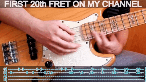 a person playing a bass guitar with the words " first 20th fret on my channel " above them