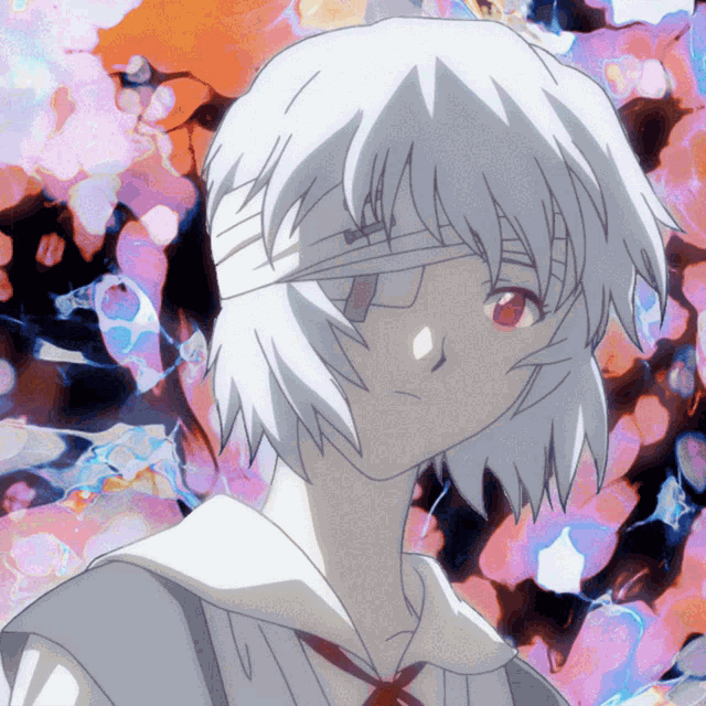 a drawing of a girl with white hair and a bandage around her eye
