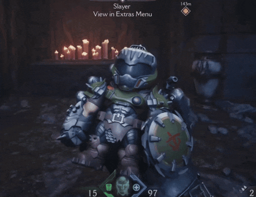 a screenshot of a video game shows a slayer in the extras menu