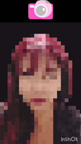 a pixelated image of a girl with a pink camera above her head