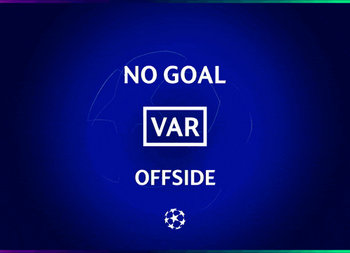 a blue background with a soccer ball and the words no goal var offside
