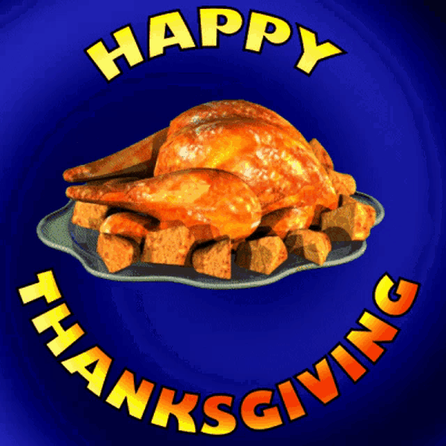a picture of a roasted turkey on a plate with the words happy thanksgiving around it