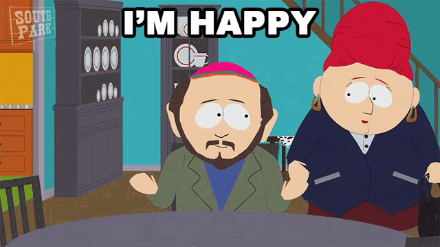 a cartoon of a man sitting at a table with the words i 'm happy below him
