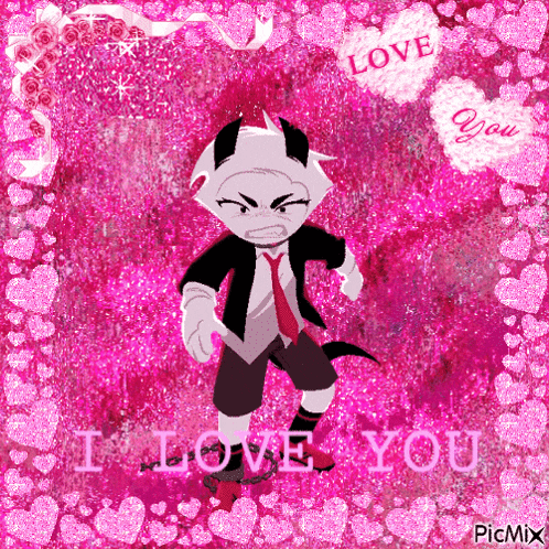 a cartoon character is standing in front of a pink background that says i love you .