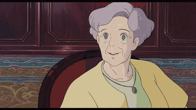 a cartoon drawing of an elderly woman wearing a yellow sweater