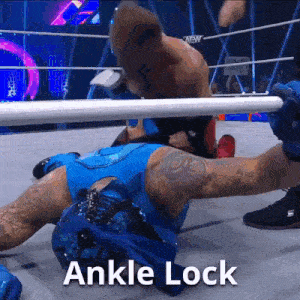 a man in a blue outfit is laying on the ground in a wrestling ring with the words ankle lock above him
