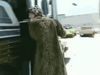 a woman in a fur coat is leaning against a truck