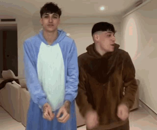 two young men are standing next to each other in a living room and one of them is wearing a blue hoodie .