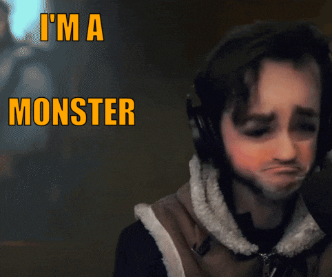 a man wearing headphones says " i 'm a monster " in orange letters