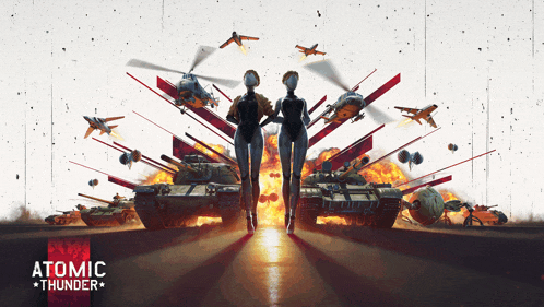 a poster for atomic thunder shows two soldiers standing in front of tanks and planes