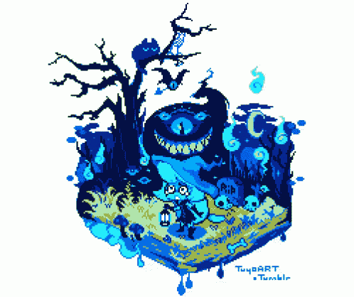 a pixel art drawing of a witch in a graveyard