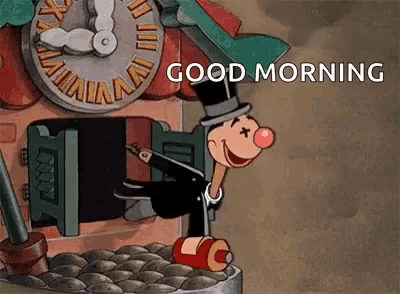 a cartoon character in a top hat is standing in front of a clock that says good morning .