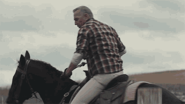 a man in a plaid shirt riding a black horse