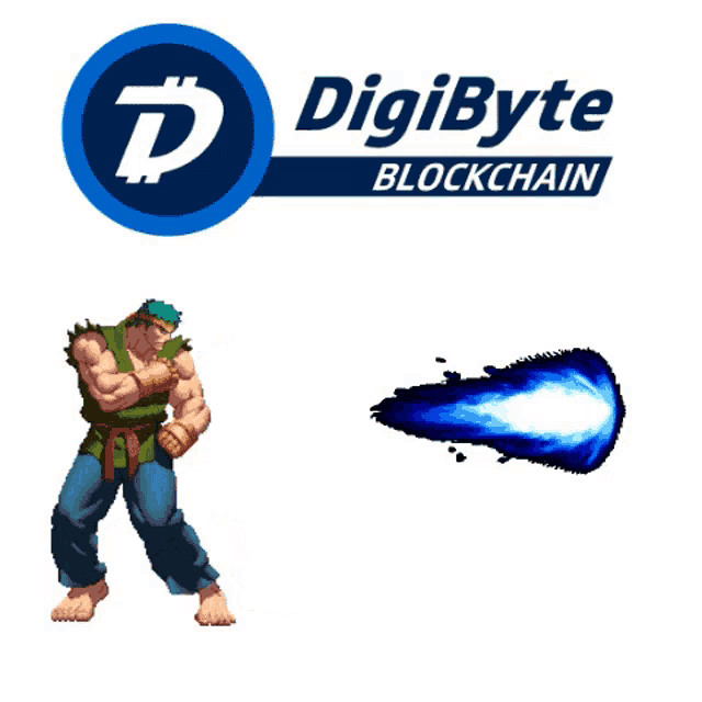 a cartoon character throws a blue beam in front of a logo for digibyte blockchain