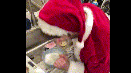 a person dressed as santa claus is washing dishes in a kitchen sink .