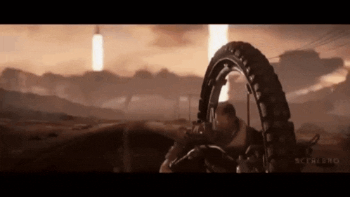 a man is riding a motorcycle in a video game while holding a tire .