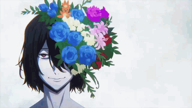 a drawing of a man with flowers in his hair