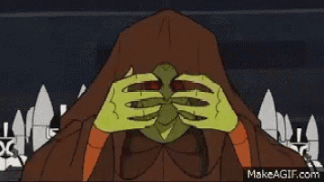 a cartoon character is standing in front of a group of people .