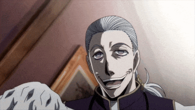 a cartoon character with gray hair and a ponytail is smiling