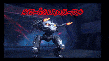 a robot is being destroyed by a lightning bolt and the word sauron is in red letters