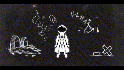 a cartoon of a man walking down a street with buildings in the background