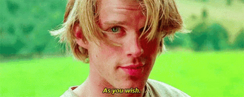 a man with blonde hair is looking at the camera and saying `` as you wish . ''