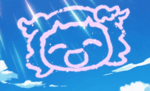 a pink drawing of a sheep is floating in the sky