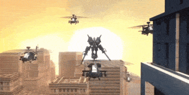 a group of helicopters flying over a city with a building that says new york on it