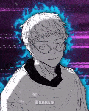 a drawing of a man with glasses and the word kraken behind him