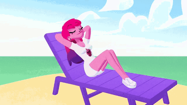a cartoon illustration of a woman laying on a purple lounge chair