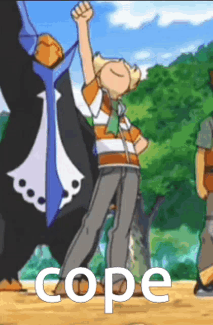 a cartoon of a boy standing next to a giant fish with the word cope written on the bottom