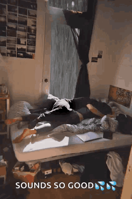 a person laying on a bed with the words sounds so good written on the bottom