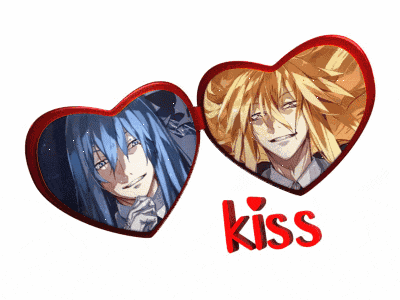 a couple of hearts with the word kiss in red