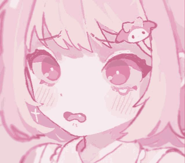 a drawing of a girl with pink hair has a hello kitty on her head
