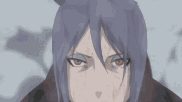 a close up of a purple haired anime character