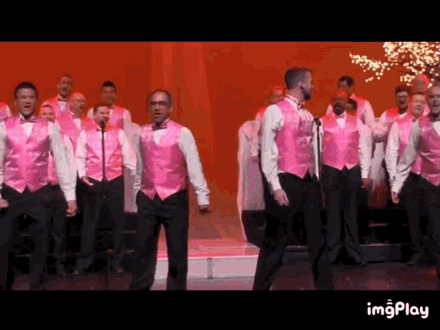 a group of men in pink vests and bow ties are singing on stage