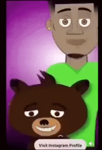 a cartoon of a man and a teddy bear with the words visit instagram profile at the bottom