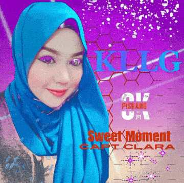a woman wearing a blue scarf and a purple background with the words sweet moment