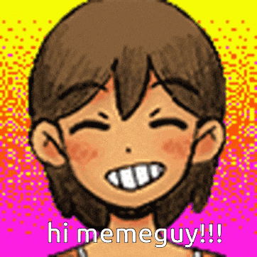 a pixel art of a girl smiling with the words `` hi memeguy !! ''