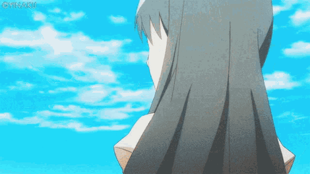 a girl with long hair is looking at a blue sky with a watermark that says oyaku
