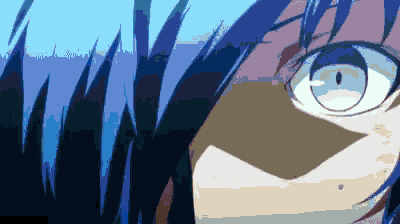 a close up of a person 's face with blue hair and a white eye .